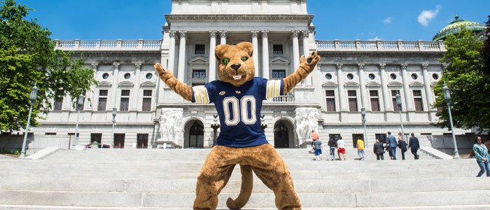 Roc, mascot of the Pitt Panthers, poses in Harrisburg